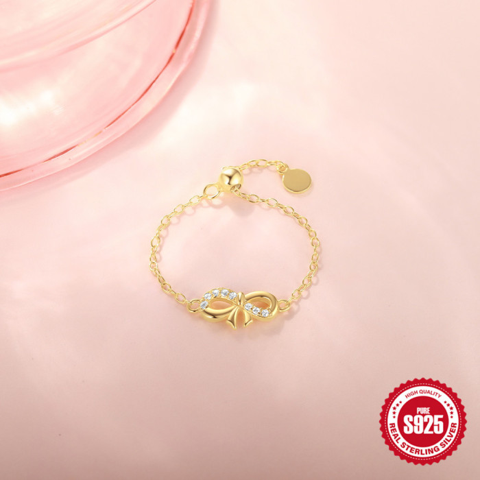 S925 Sterling Silver Bowknot Inlaid Zircon Ring Style 8-Shape Ins Light Luxury Adjustable Chain Open Index Finger Rin...