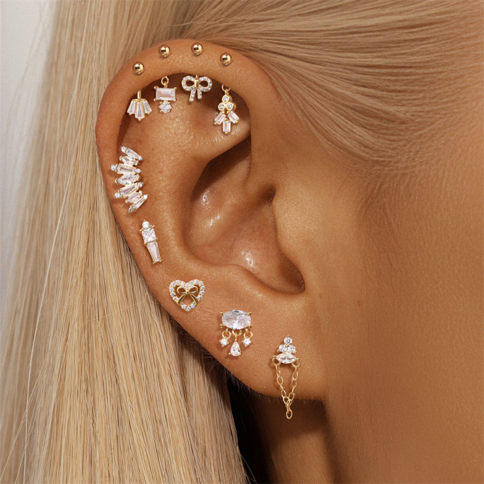 S925 Sterling Silver Geometric Inlaid Diamond Koi Fish Animal Flat Head Threaded Piercing Ear Bone Stud European and American Hot-Selling Classic Ear Jewelry