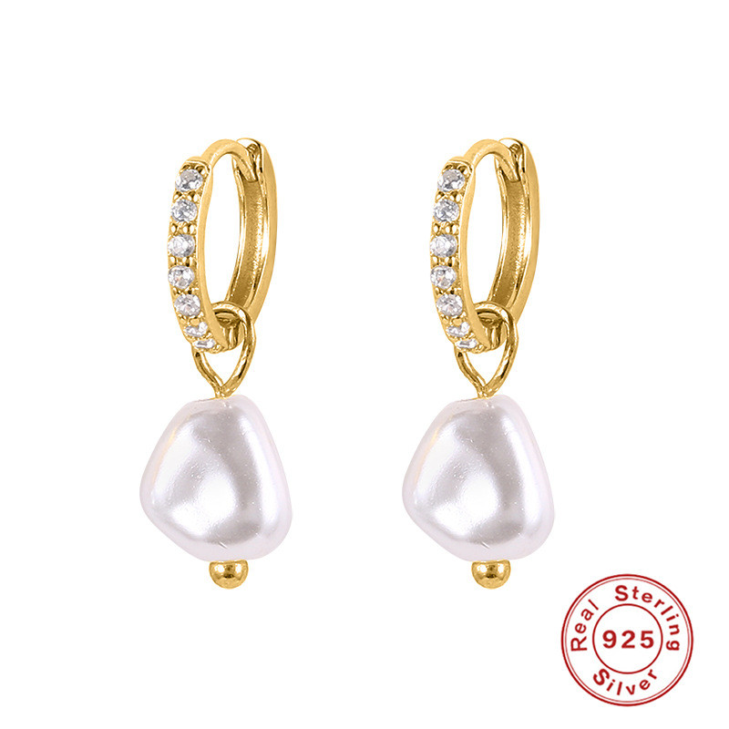 S925 Sterling Silver Baroque Pearl Inlaid Diamond Earrings European and American Retro Style INS Trendy Simple Earrings