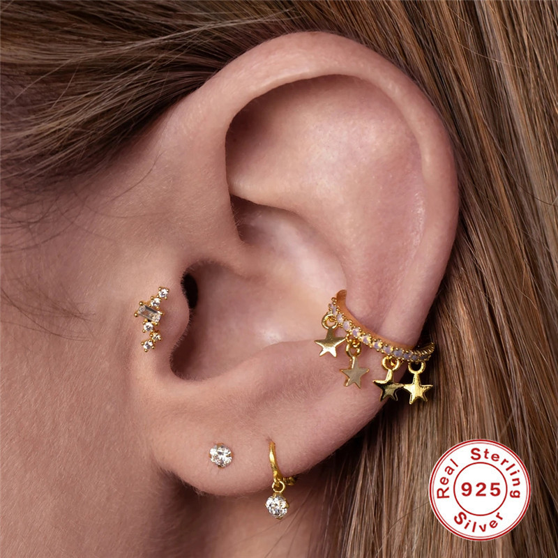 S925 Sterling Silver INS Simple Geometric Diamond-Studded Ear Cuff Earrings European and American Style Personality Flat Head Threaded Piercing Cartilage Stud Earrings