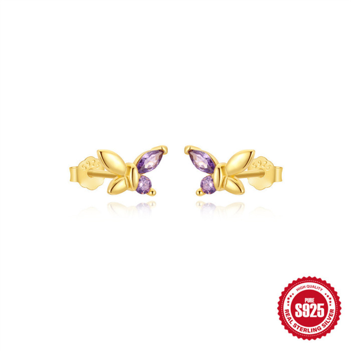 S925 Sterling Silver Geometric Smooth Butterfly Inlaid Diamond Stud Earrings Korean Version Niche Design Sense Elegant Versatile Earrings for Women