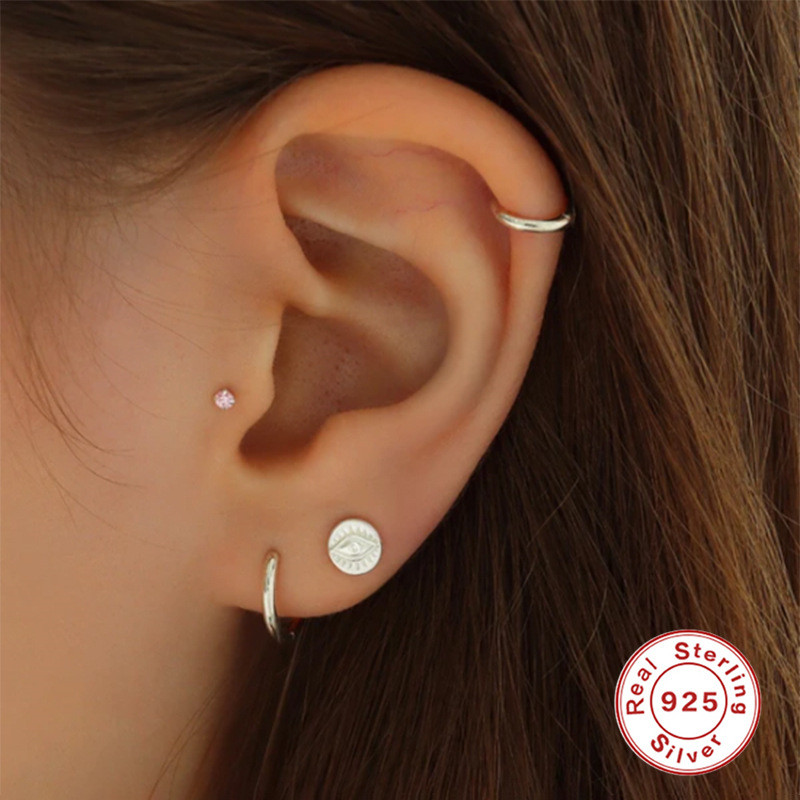 S925 Sterling Silver Evil Eye Round Pendant Diamond-Studded Piercing Stud Earrings European and American Hot-Selling Demon Eye Ear Bone Stud