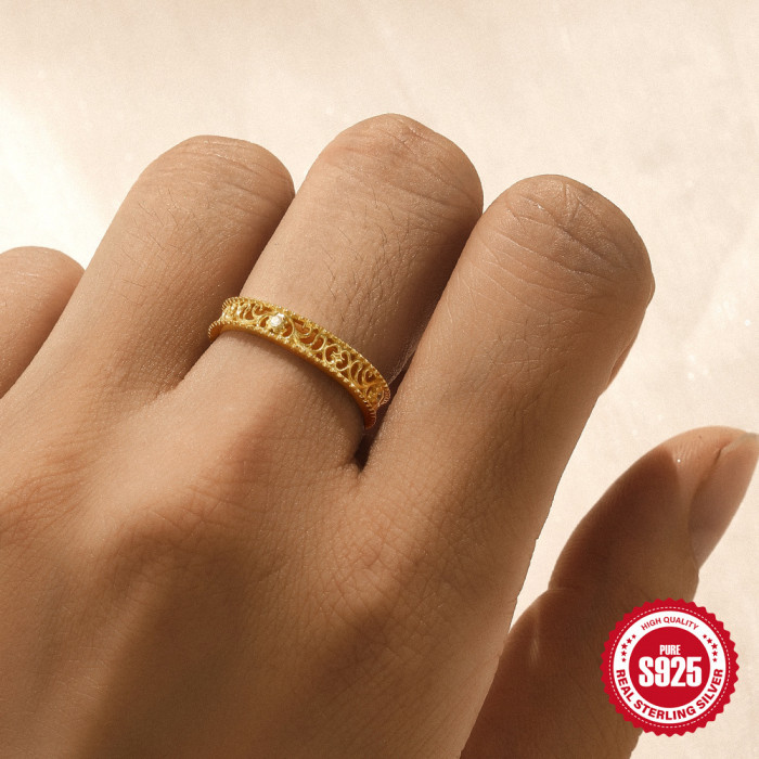 New S925 Sterling Silver Heart Hollow Lace Flash Zircon Ring for Women Vintage Square Stacking Micro-Paved Index Fing...