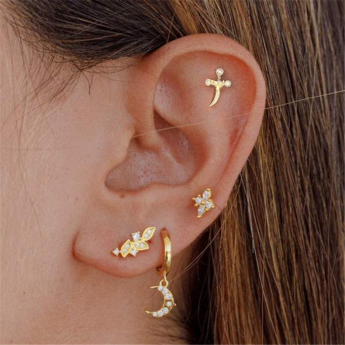 S925 Sterling Silver Personality Small Dagger Inlaid Diamond Piercing Threaded Earrings Ear Jewelry Cross-Border Hot Selling INS Creative Ear Bone Studs