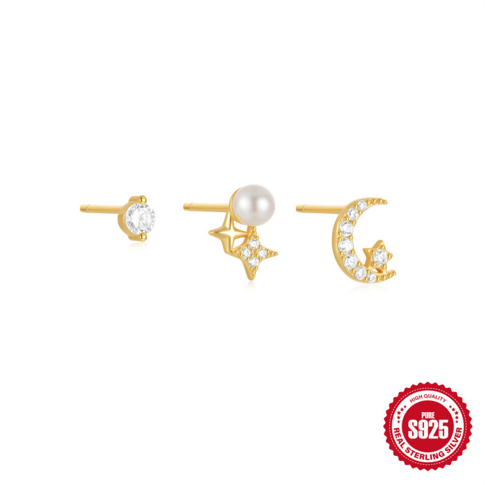 925 Sterling Silver Star Moon Sun Four-Pointed Star Earrings Set Classic Diamond-Encrusted INS Versatile Pearl Earrin...