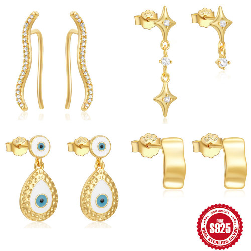 S925 Sterling Silver Irregular Long and Short Tassel Four-Pointed Star Earrings European and American Cross-Border Hot-Selling Demon Eye Ear Jewelry