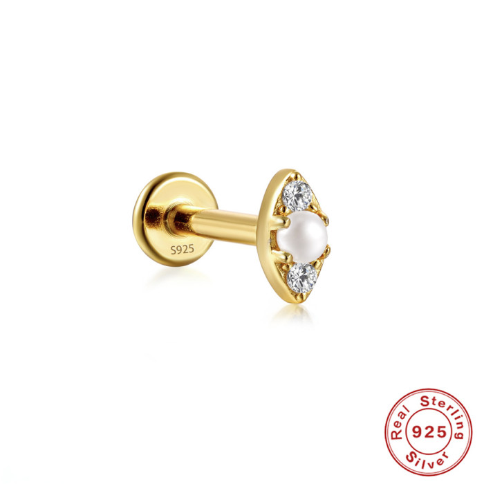 S925 Sterling Silver Butterfly Inlaid Diamond Pearl Threaded Ear Bone Stud European and American Hot Sale 16G Flat Head Piercing Ear Cartilage Jewelry