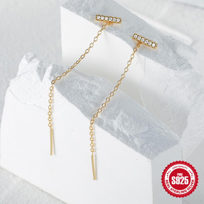 S925 Sterling Silver Single Row Diamond-Encrusted Chain Tassel Ear Thread Stud Earrings Drop Earrings European and American Hot Selling Personality INS Earrings Ear Jewelry