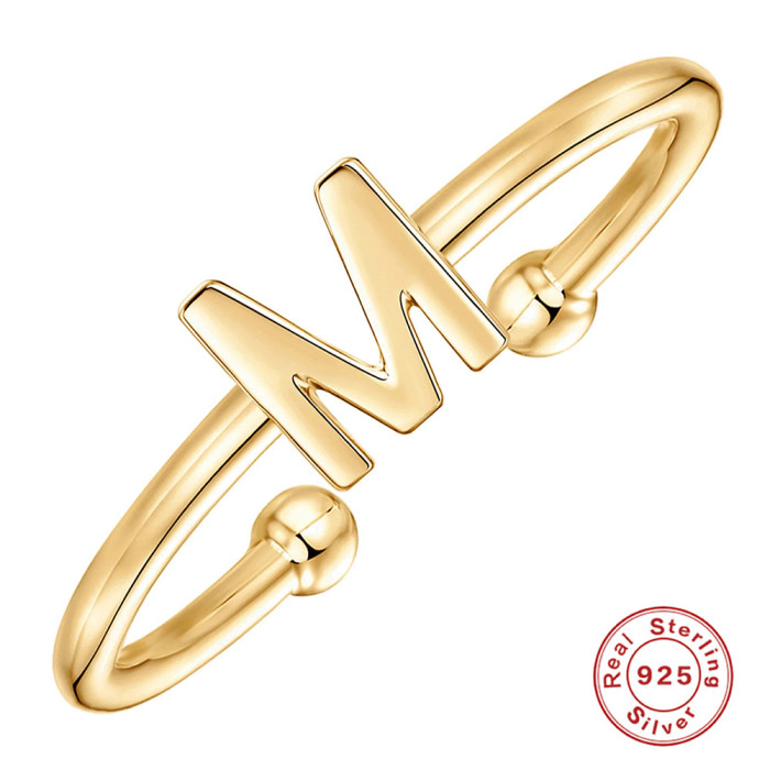 S925 Sterling Silver 26 Letters Initial Smooth Open Ring Trendy Minimalist INS Style Index Finger Ring