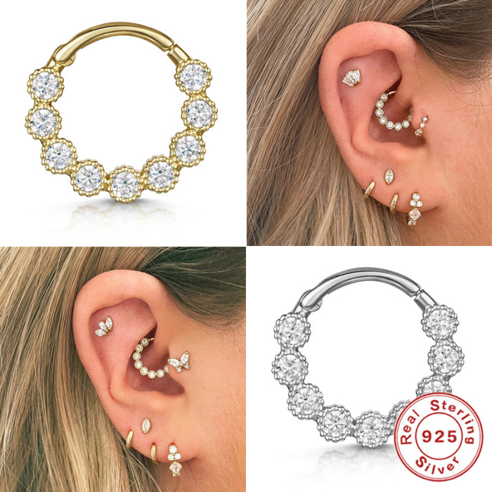 S925 Sterling Silver Body Piercing Cartilage Round Nose Ring European and American Hot Selling Light Luxury Multi-Diamond Zircon Ear Clip Ear Lobe Ear Jewelry