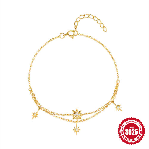 S925 Sterling Silver Personality Hot-Selling Eight-Pointed Star Inlaid Diamond Bracelet European and American Cross-Border Trend INS Minimalist Style Bracelet