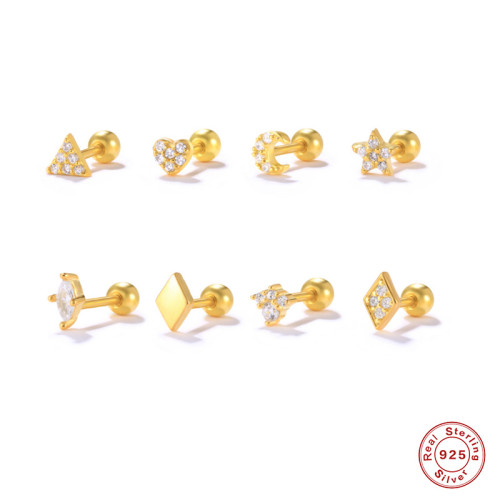 S925 Sterling Silver Geometric Rhombus Inlaid Spiral Piercing Stud Earrings European and American Hot Selling Combination Body Piercing Jewelry