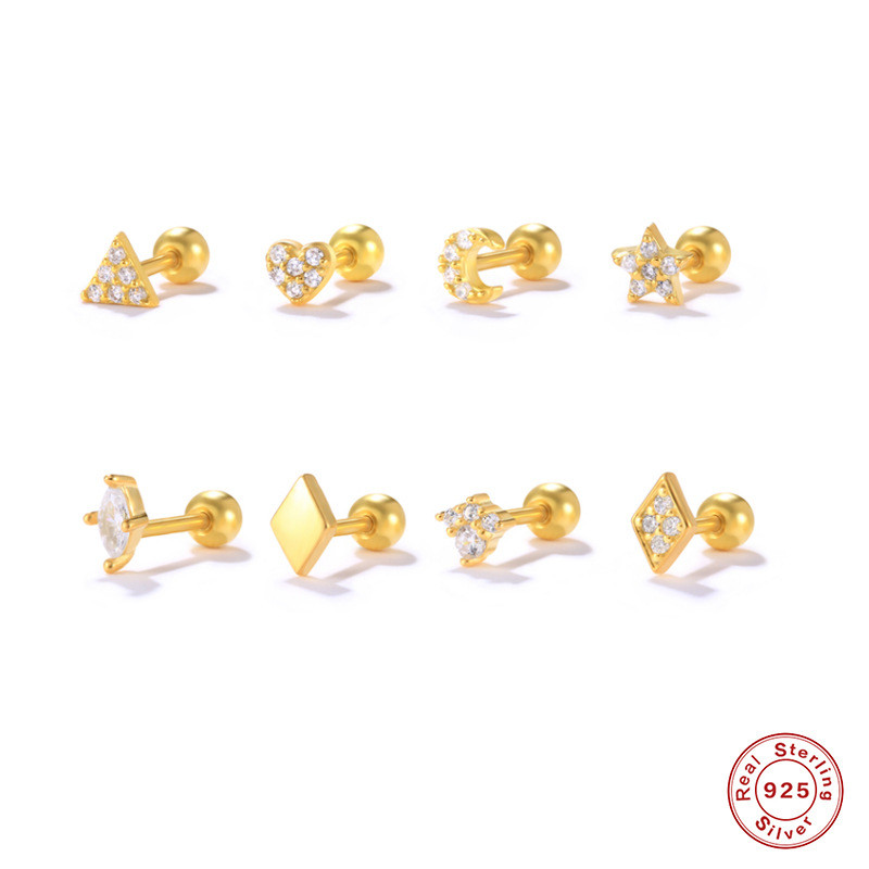 S925 Sterling Silver Geometric Rhombus Inlaid Spiral Piercing Stud Earrings European and American Hot Selling Combination Body Piercing Jewelry