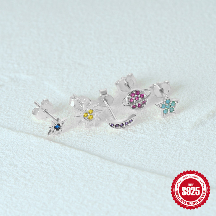 925 Sterling Silver Star Moon Colorful Inlaid Diamond Planet Set Earrings Jewelry European and American Hot Selling INS Versatile Earrings for Women