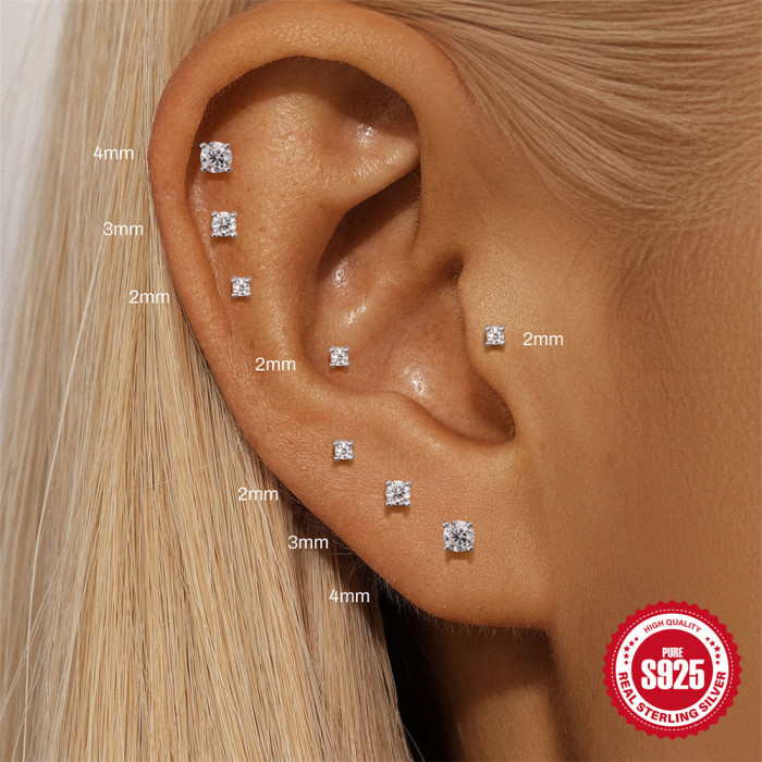 New S925 Sterling Silver Four-Prong Moissanite Flat Head Threaded Piercing Cartilage Earrings European and American Hot-Selling Light Luxury Ear Bone Studs