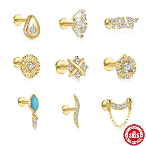 S925 Sterling Silver Flat Bottom Push Piercing Exquisite Zircon Earrings European and American Personality Temperament Fan-shaped Tassel Earrings Ear Cuff
