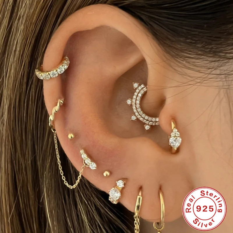 S925 Sterling Silver Double Row Zircon Spike Cartilage Earrings Piercing Ear Jewelry European and American Style Personality Ear Cuff Ear Cartilage Nose Ring
