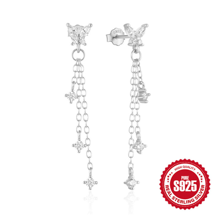 New S925 Sterling Silver Chain Butterfly Tassel Stone-Studded Earrings Korean Style Elegant Personality Niche High-...
