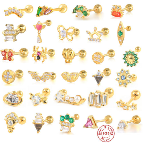 Hot Selling 925 Sterling Silver Colorful Diamond-Studded Spiral Round Bead Piercing Ear Bone Stud European and American Bestselling Cute INS Trendy Earrings