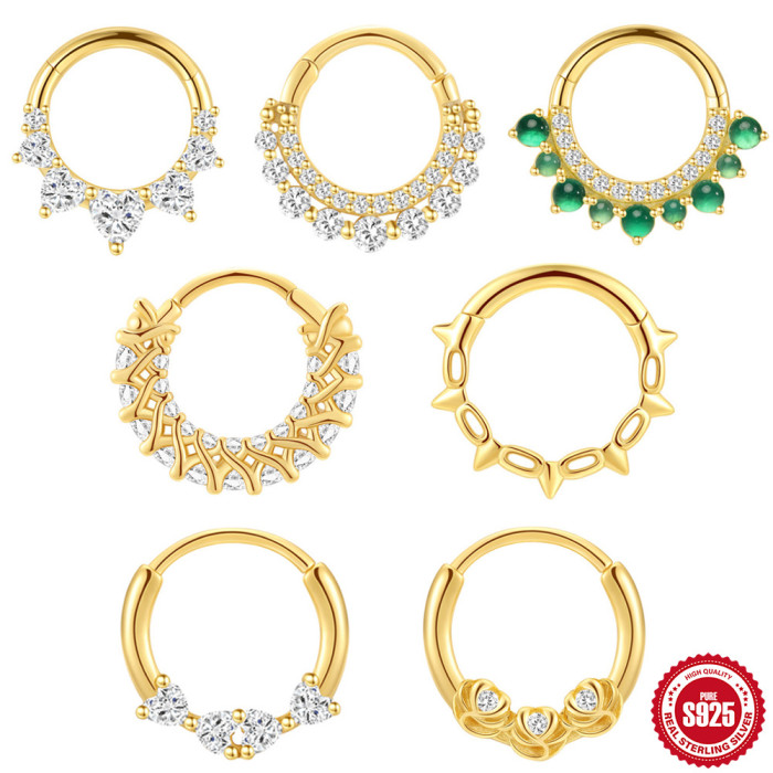 S925 Sterling Silver Light Luxury Double Layer Inlaid Diamond Natural Green Chalcedony Ear Cuff Hoop European and American Hot Selling Personality Ear Cartilage Nose Ring