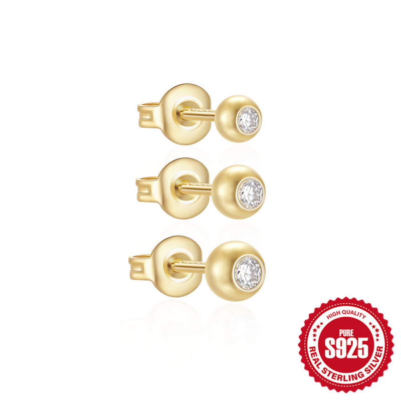 New 25 Sterling Silver Bead Inlaid Diamond Round Bead Earrings Set European and American Hot-Selling Elegant Ins Style Earrings Accessories