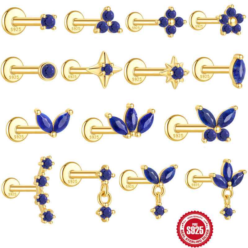 S925 Sterling Silver Geometric Inlaid Natural Lapis Lazuli Flat Head Threaded Piercing Ear Bone Stud New Hot-Selling High-End Earrings
