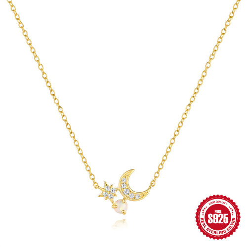 S925 Sterling Silver Hexagram Moon Opal Necklace European and American Hot Sale Inlaid Diamond Vintage Creative Necklace Light Luxury Accessory