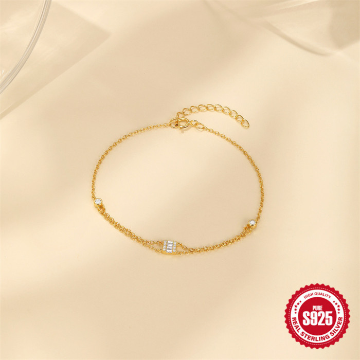 S925 Sterling Silver Creative Layered Double Layer Stone-Studded Versatile Bracelet Korean Version Niche Design Hig...