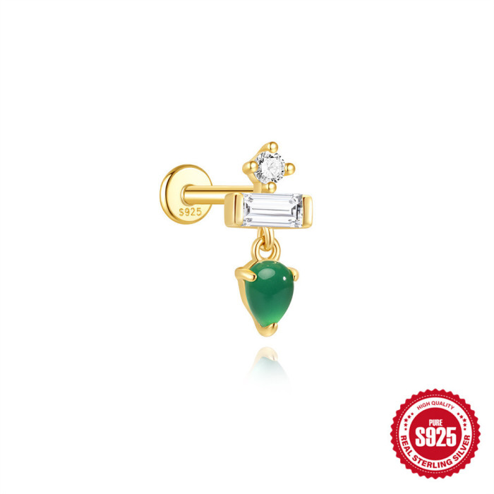 S925 Sterling Silver Natural Geometric Green Chalcedony Gemstone Tassel Flat Head Threaded Piercing Ear Bone Stud European and American Hot-Selling Earrings