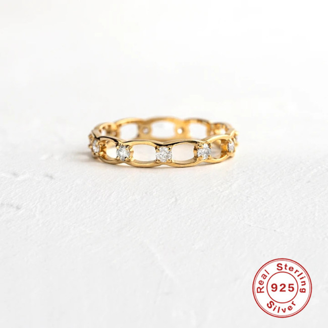 S925 Sterling Silver Hollow Diamond Ring Korean and Japanese Simple Gold-Plated Ring European and American Best-Selling Personality Trendy Inlaid Diamond Ring