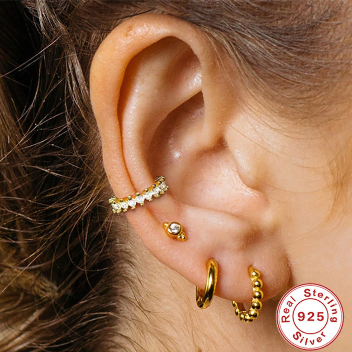 S925 Sterling Silver Single Row Diamond-Studded Hoop Earrings Four-Prong Piercing Cartilage Earrings Studs European and American Classic Elegant Threaded Ear Jewelry