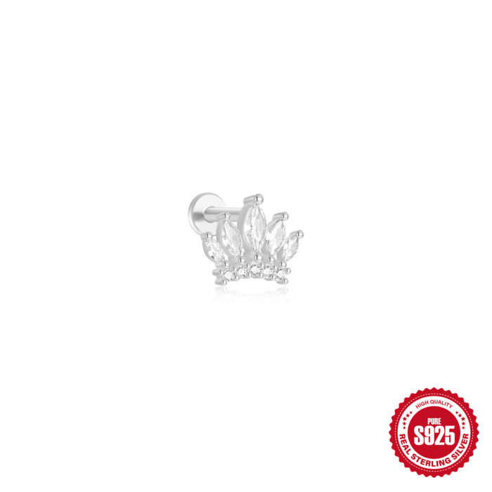 S925 Sterling Silver Diamond-Studded Flat Bottom Piercing Threaded Ear Bone Stud European and American Style Row Diamond Cone Crown Pendant Water Drop Earrings Jewelry