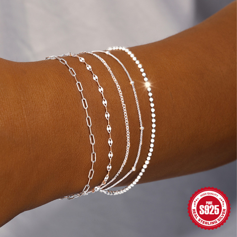 S925 Sterling Silver Car Side Chain Women's Chain DIY Bracelet European and American INS Minimalist Daily Wear Bracelet for Women