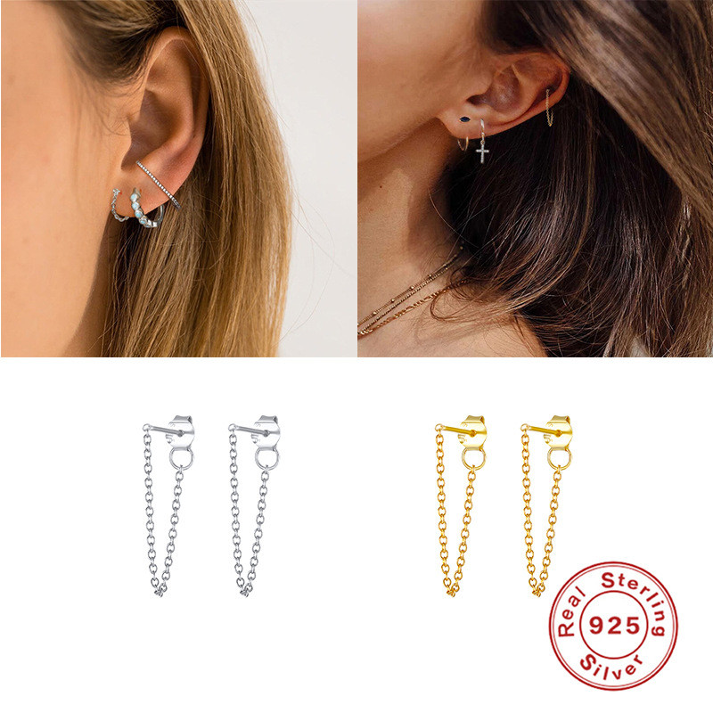 S925 Sterling Silver Earrings Minimalist Chain Back Hanging Ear Line European and American Hot Selling Ins Style Creative Fashionable Elegant Earrings