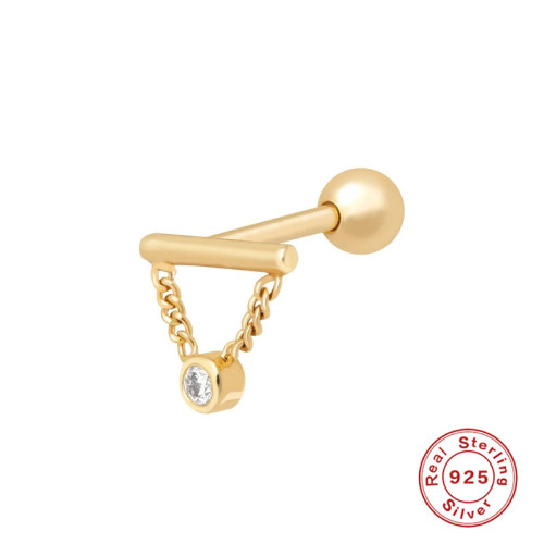 S925 Sterling Silver Horizontal Bar Chain Tassel Inlaid Diamond Spiral Piercing Ear Bone Stud AliExpress Hot Sale Fashion Trend Earrings