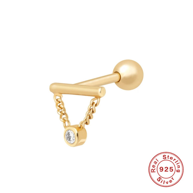 S925 Sterling Silver Horizontal Bar Chain Tassel Inlaid Diamond Spiral Piercing Ear Bone Stud AliExpress Hot Sale Fashion Trend Earrings