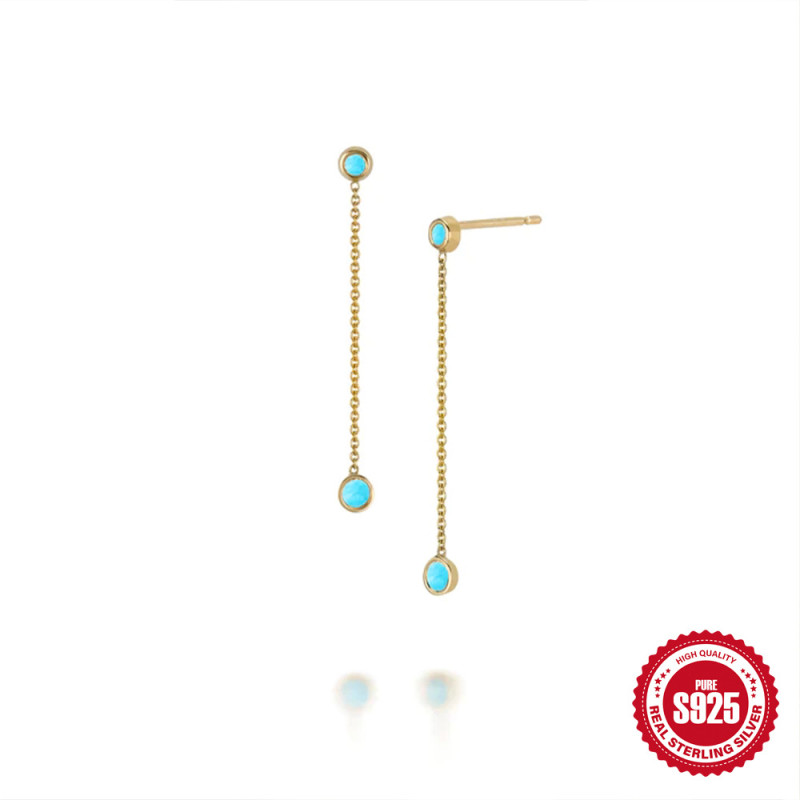 S925 Sterling Silver Elegant Tassel Turquoise Long Earrings European and American New Simple Ins Style Inlaid Diamond Earrings Jewelry