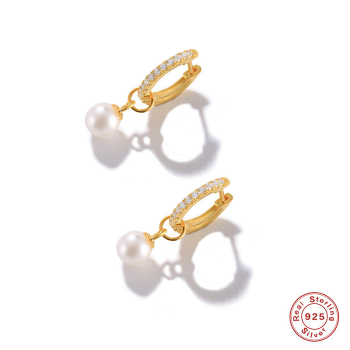 S925 Sterling Silver Light Luxury Elegant Diamond-Studded Pearl Hoop Earrings Korean and Japanese INS Style Socialite Minimalist Earrings
