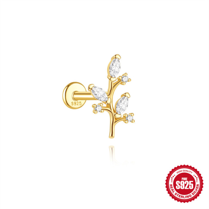 S925 Sterling Silver Personality Flower Woodpecker Flat Head Threaded Piercing Ear Bone Stud European and American Hot Selling Diamond-Encrusted Elegant Earrings