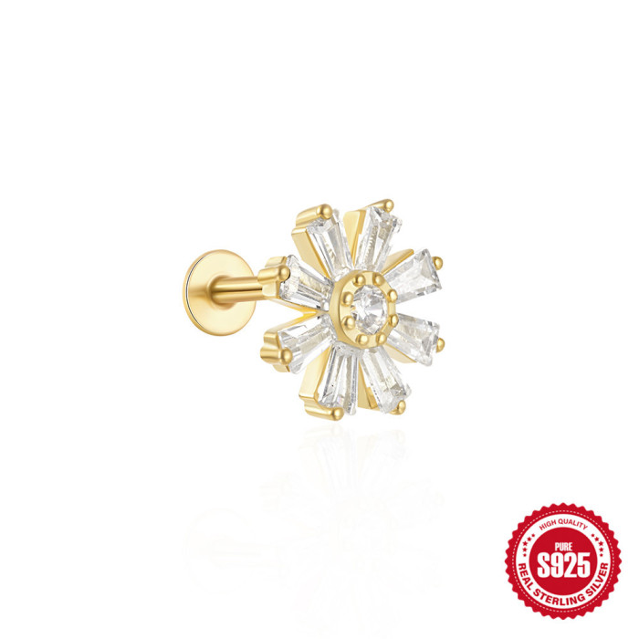 New 925 Sterling Silver Diamond-Studded Tassel Piercing Threaded Flat Ear Bone Stud Earrings European and American Hot-Selling Ins Style Ear Jewelry