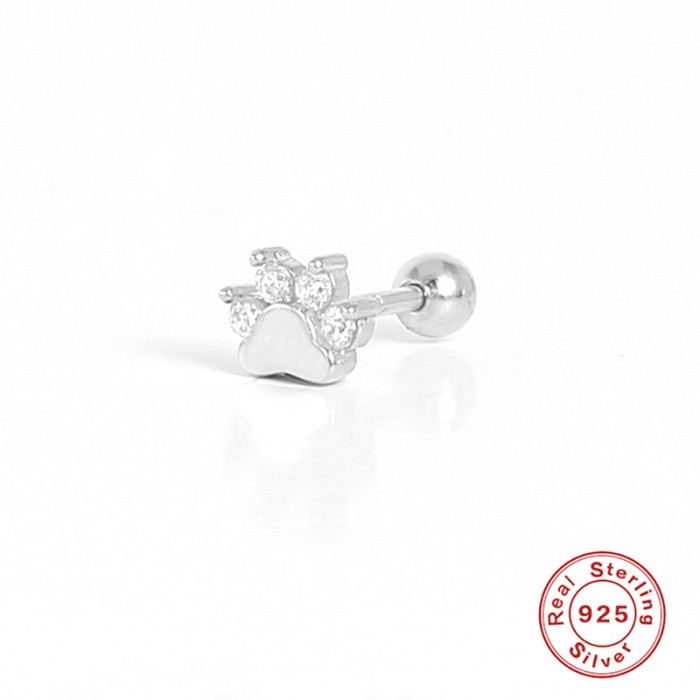 S925 Sterling Silver Dog Paw Diamond-Studded Piercing Single Earring European and American Fashion Personality Creative Footprint Earring