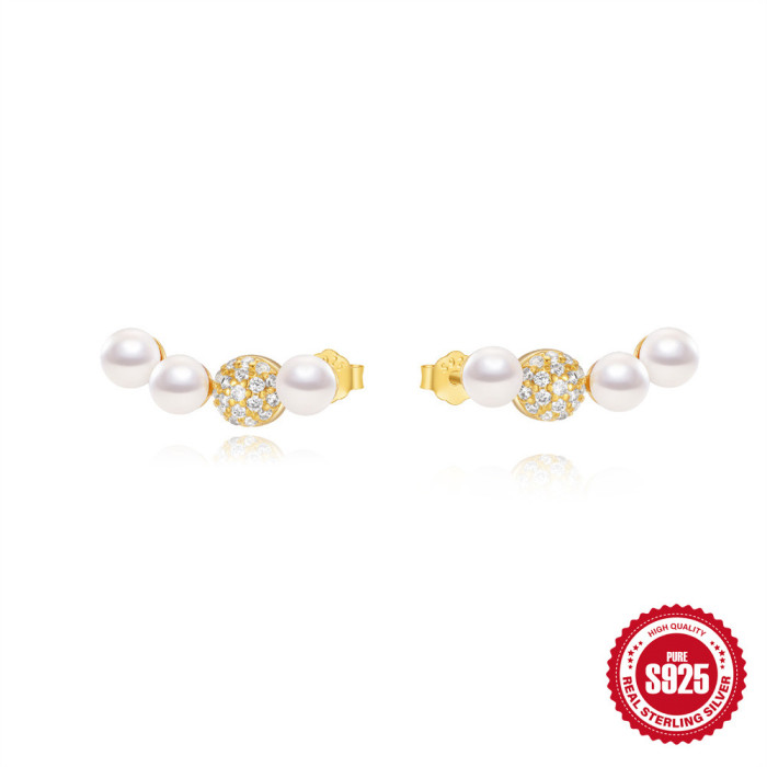 New S925 Sterling Silver Fashion Cute Petal Inlaid Diamond Pearl Earrings Korean Version Niche Fresh Simple Stud Earrings