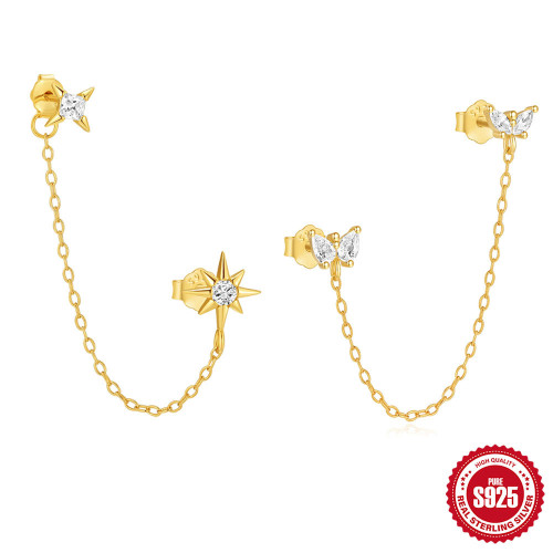S925 Sterling Silver Horse Eye Eight-Pointed Star Tassel Chain Earrings European and American Hot-Selling Four-Pointed Star Versatile Elegant Earrings