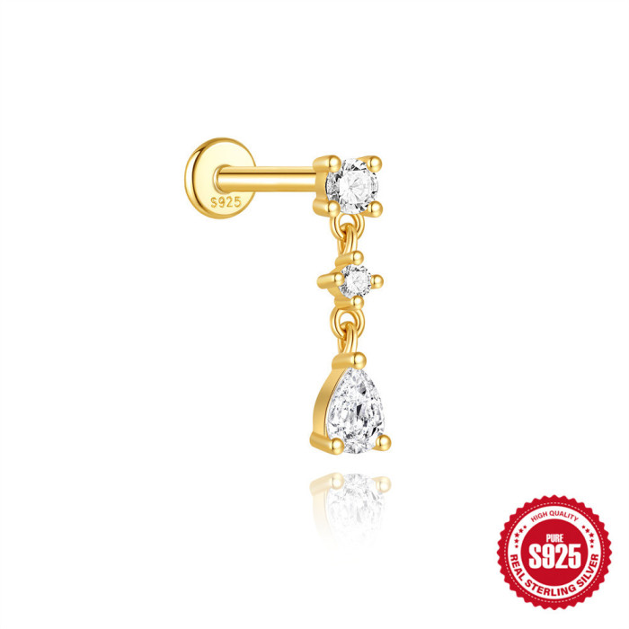 S925 Sterling Silver Geometric Tassel with Diamond Flat Head Threaded Piercing Ear Bone Stud European and American Hot Selling Personality Versatile Ear Jewelry