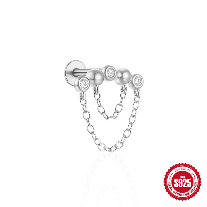 New 925 Sterling Silver Diamond-Studded Tassel Piercing Threaded Flat Ear Bone Stud Earrings European and American Hot-Selling Ins Style Ear Jewelry
