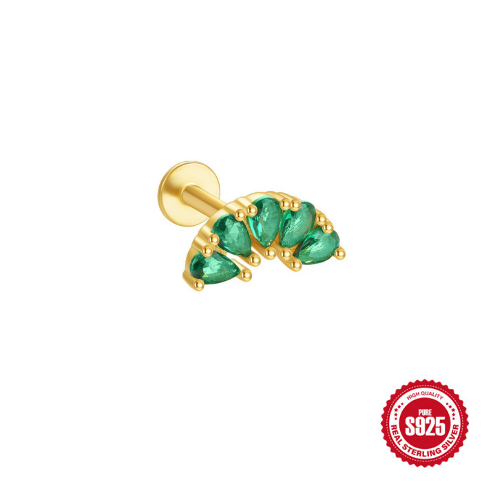 S925 Sterling Silver Horse Eye Heart Super Sparkling Green Diamond Flat Soft Bone Threaded Piercing Ear Bone Stud European and American Hot Selling Ear Jewelry