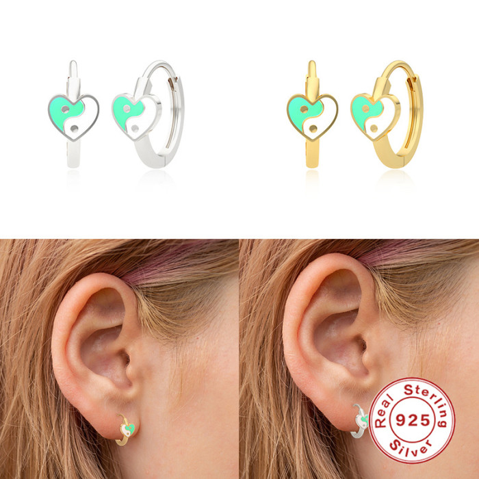 S925 Sterling Silver Oil Drop Heart Eight-Trigram Hoop Earrings Fashion Personality Light Luxury Versatile Creative E...