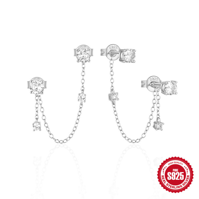 New 925 Sterling Silver Small Zircon Tassel Chain Earrings Korean and Japanese Style Hot Selling High-end Design Earr...