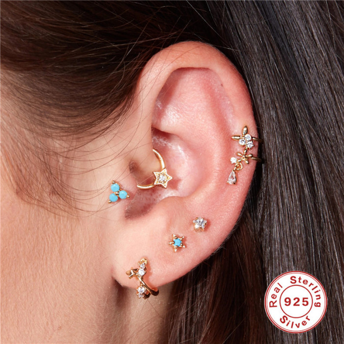 S925 Sterling Silver Classic Five-Pointed Star Inlaid with Stones Soft Bone Piercing Ear Hoop Ear Clip Korean and J...