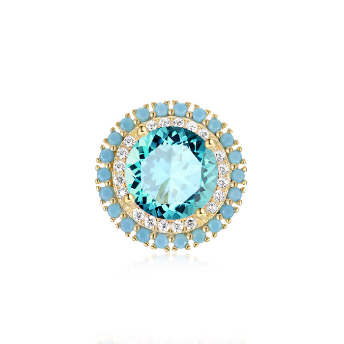 S925 Sterling Silver Round Inlaid Diamond Turquoise Earrings Ear Studs European and American Fashion Light Luxury Ins Style Pure Silver Ear Jewelry Earrings